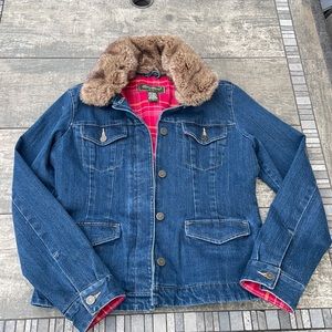 EDDIE BAUER- fur collar denim jacket. Size medium tallNWOT